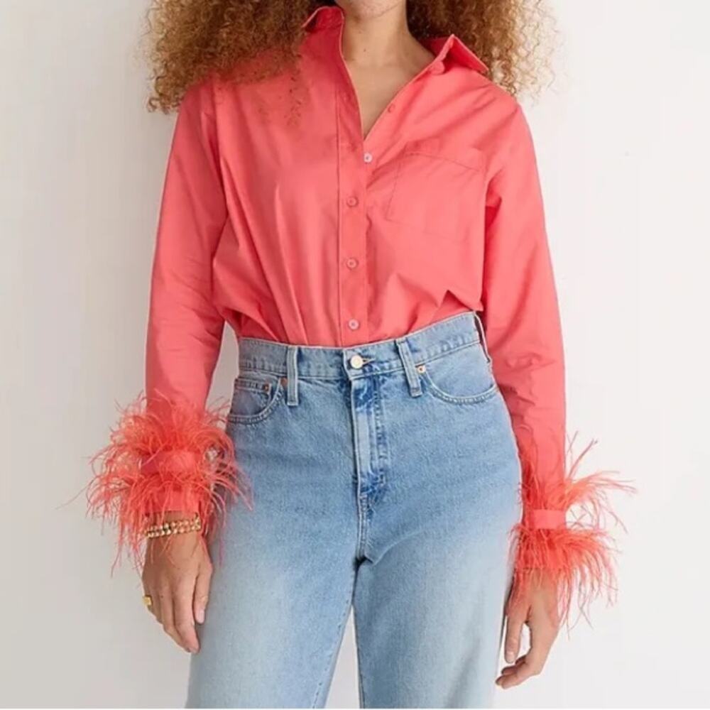J. Crew Collection Cotton Poplin Coral Feather Cuff Women's Blouse size 10